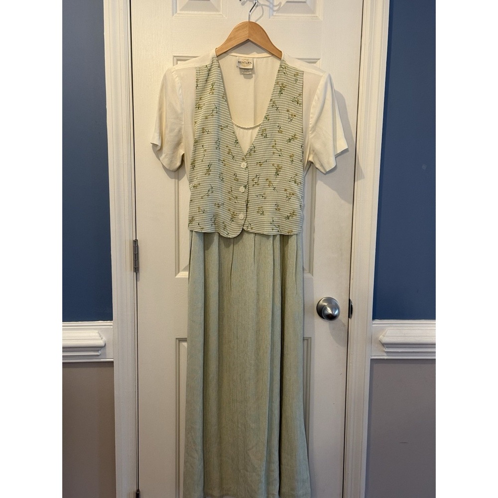 Vintage Bentley Green Gingham Midi Vest Dress USA Size 10 Boho Cottagecore